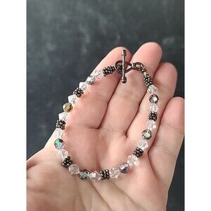 925 Sterling Silver & Crystal Beaded Bracelet Vintage Toggle Closure